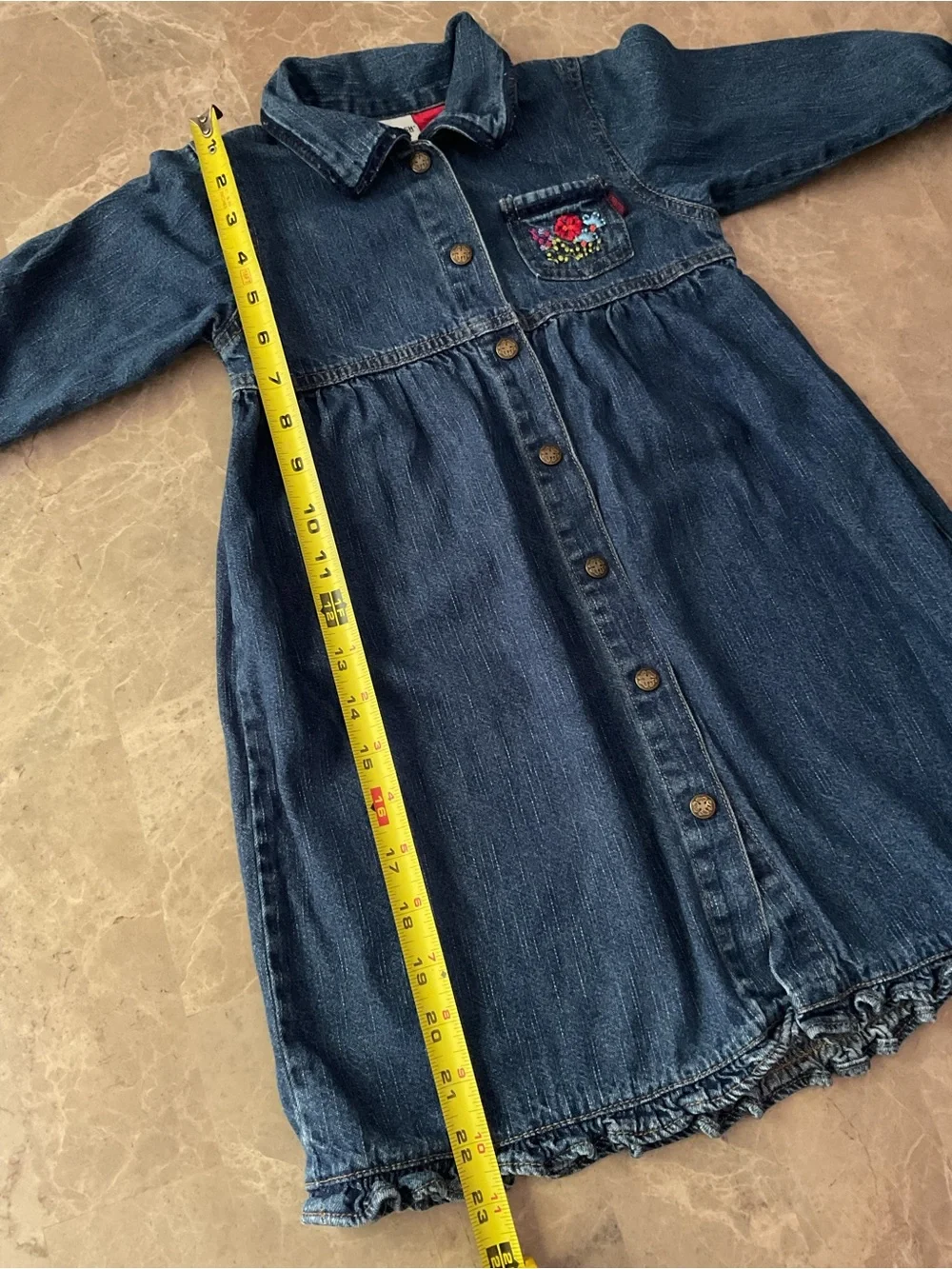 Vintage OshKosh Bgosh Girls 3t Blue Denim Floral Embroidered Ruffle Dress